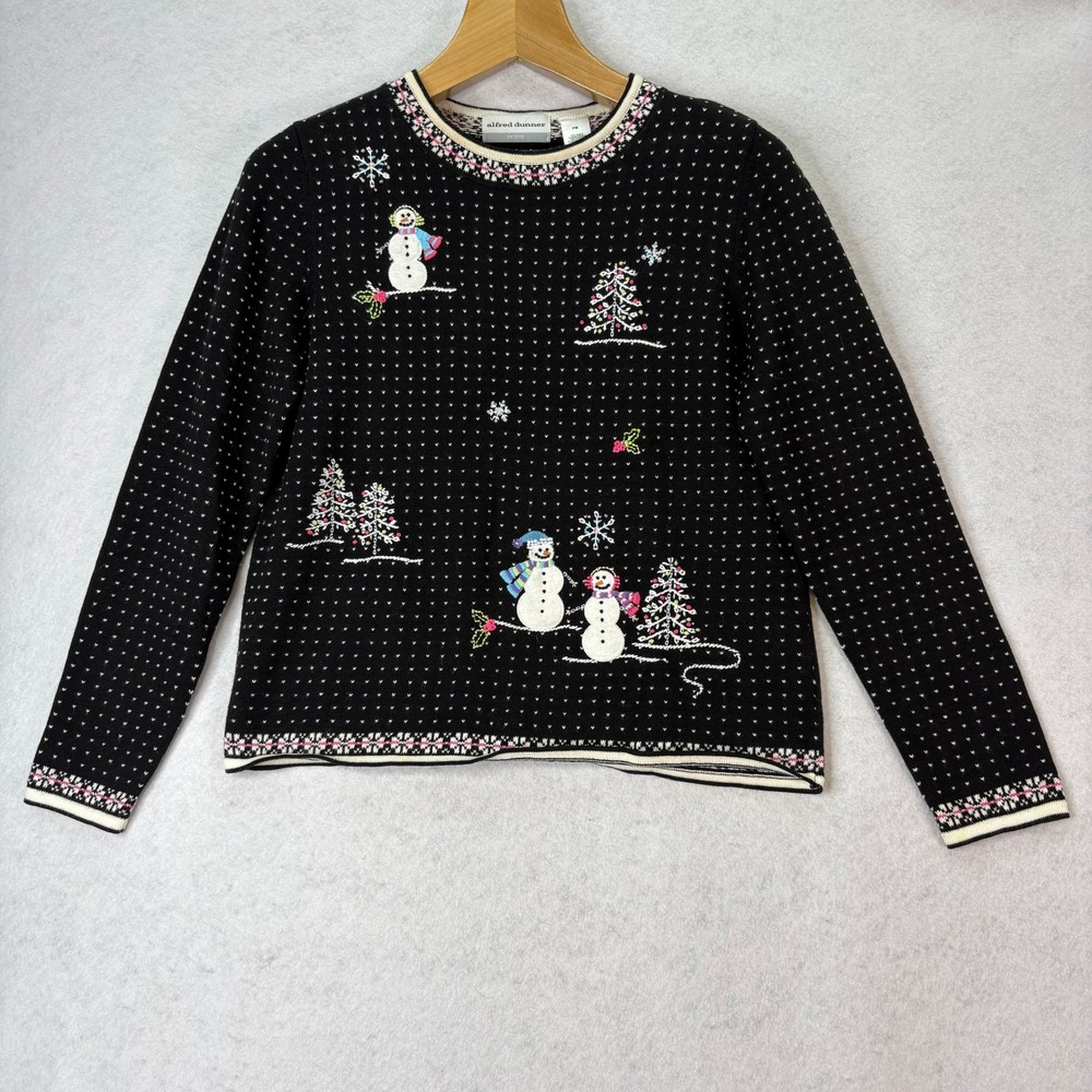 Alfred Dunner Black Snowman Embroidered Knit Sweater Womens Mp Holiday Kitschy